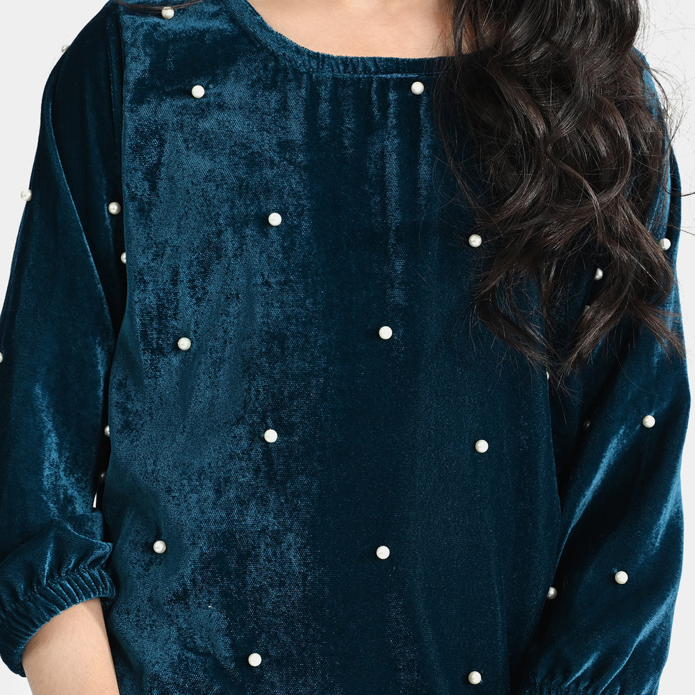 Girls Velvet Top Pearls With Pleats-Teal Green