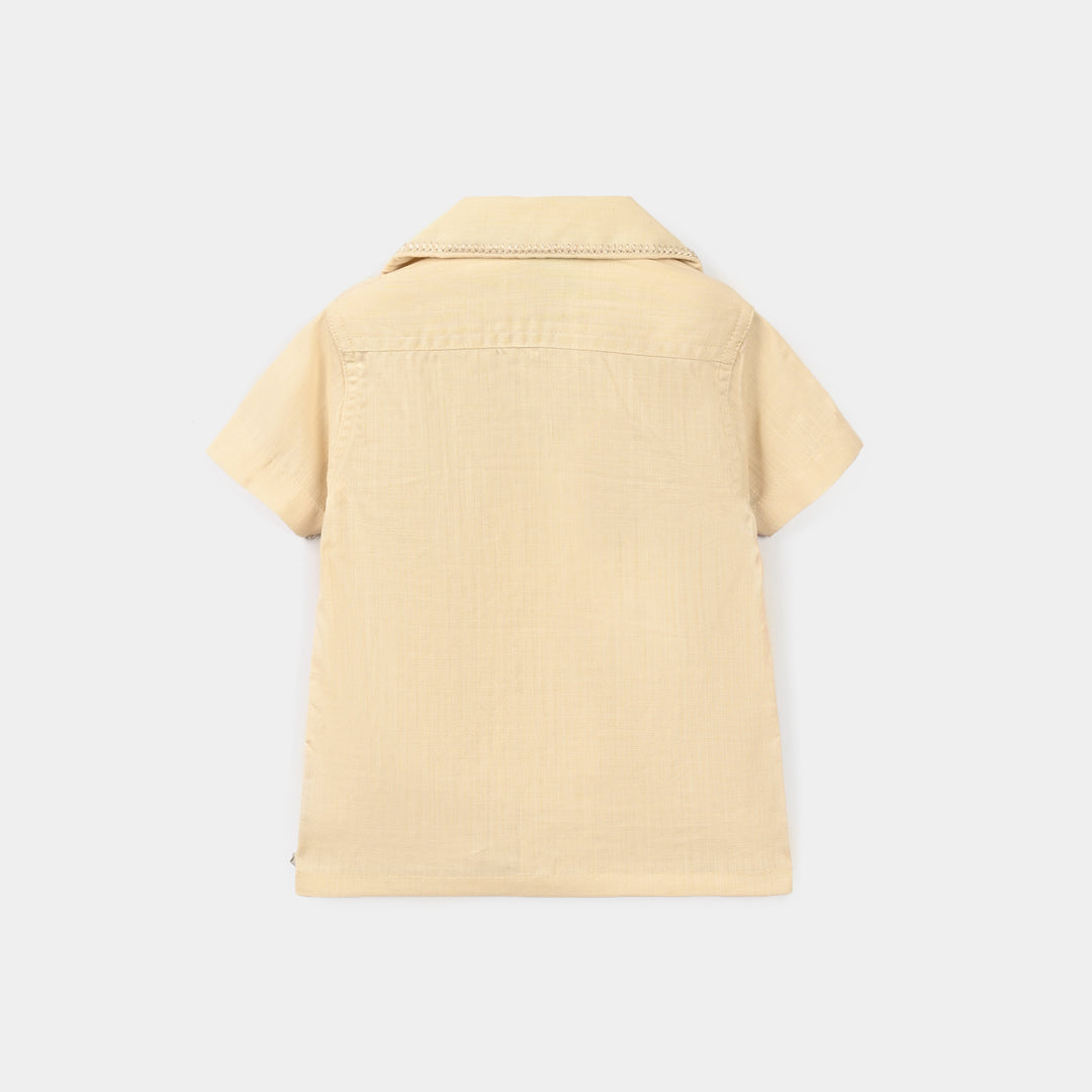 Infant Boys Cotton Slub Casual Shirt EMB Collar-Sand