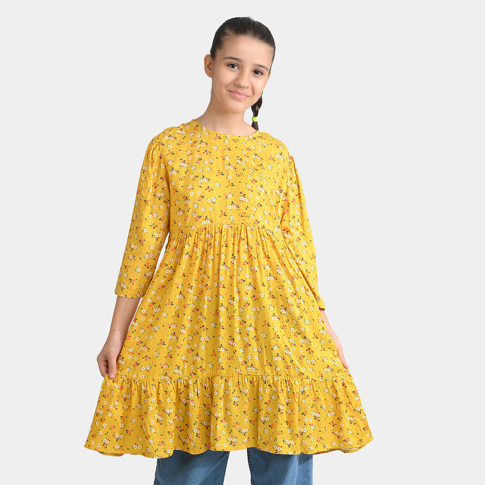 Girls Cotton Viscose Casual Frock Sunshine-Yellow