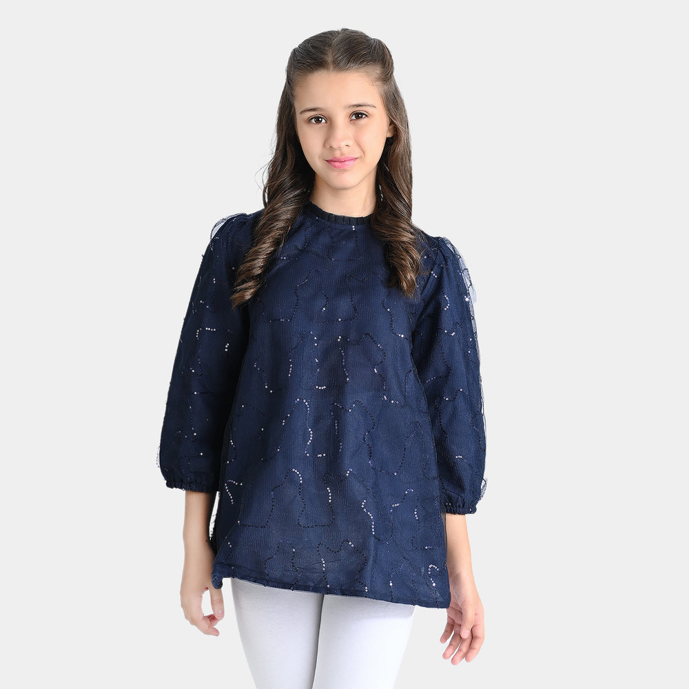 Girls Poly Net Casual Top Puffy sleeves-Navy Blue