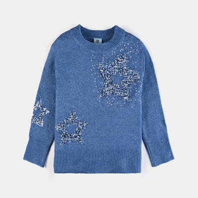 Girls Mix Fabric Sweater Stars-Blue