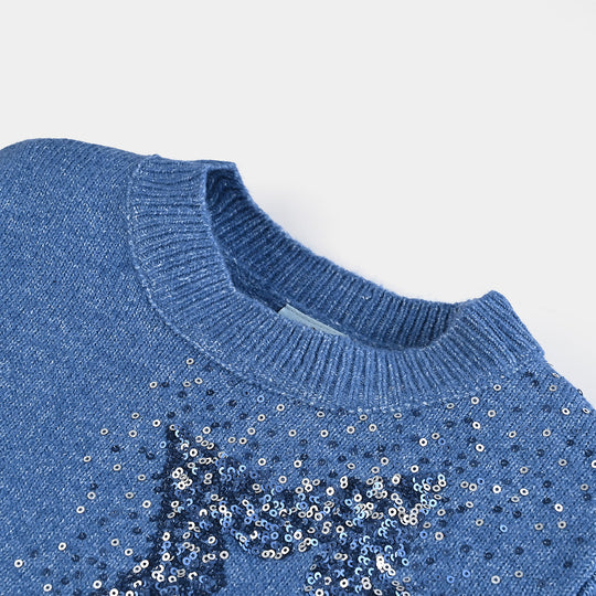 Girls Mix Fabric Sweater Stars-Blue