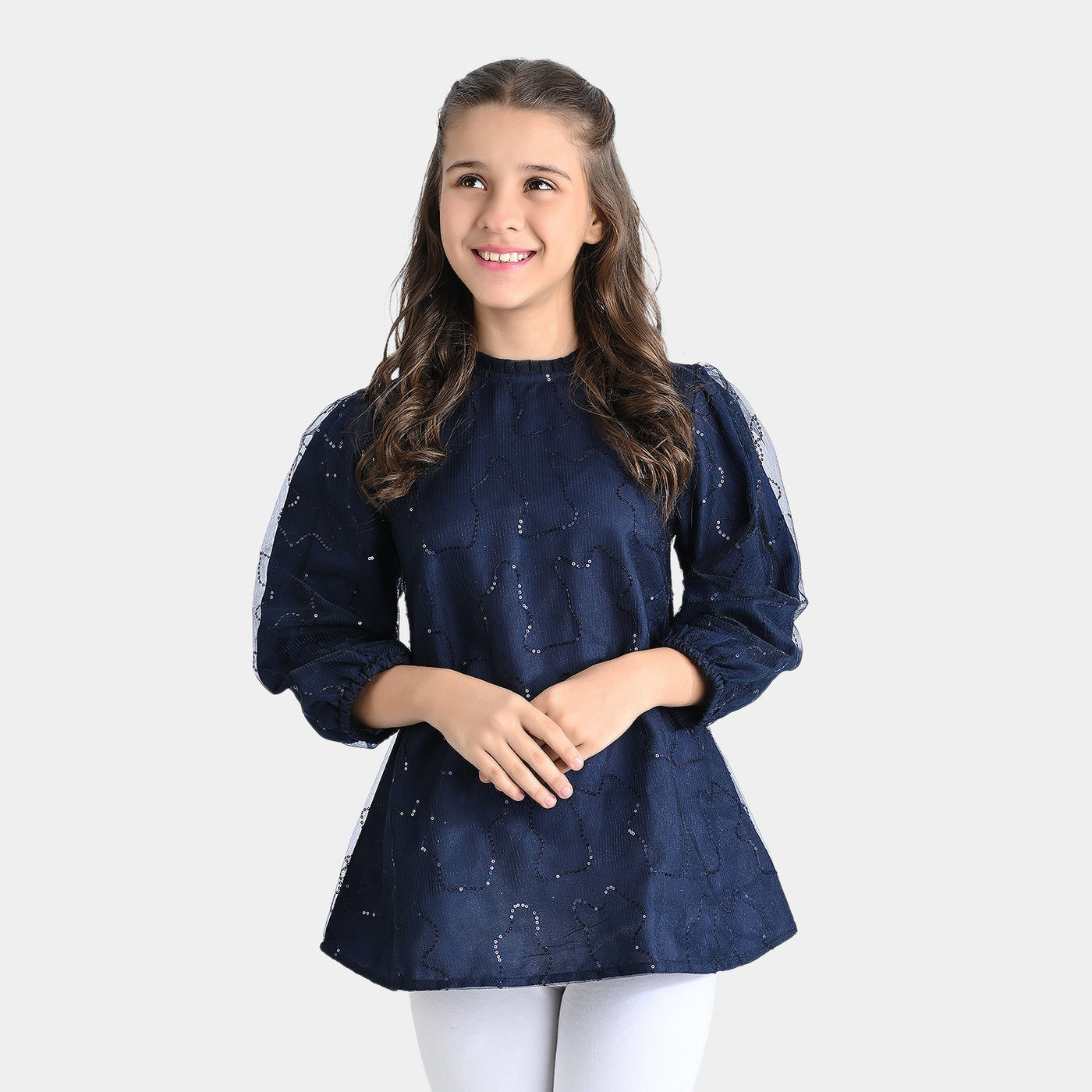 Girls Poly Net Casual Top Puffy sleeves-Navy Blue