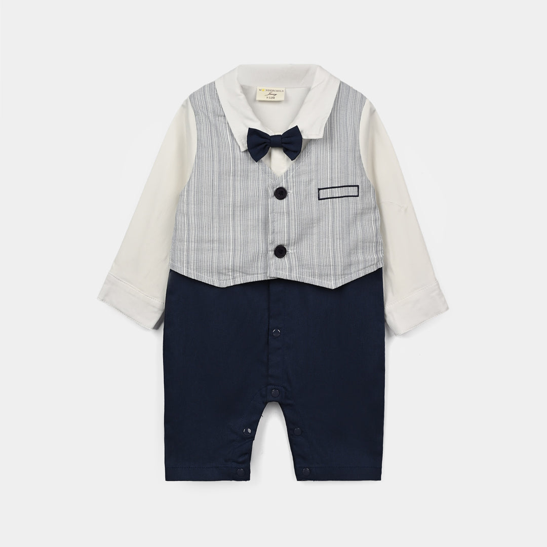 Infant Boys Cotton Interlock Woven Romper 320 - 022- White.Navy