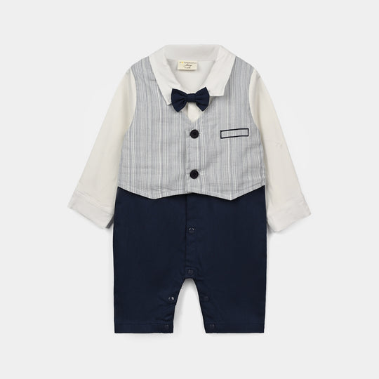 Infant Boys Cotton Interlock Woven Romper 320 - 022- White.Navy