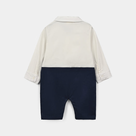 Infant Boys Cotton Interlock Woven Romper 320 - 022- White.Navy
