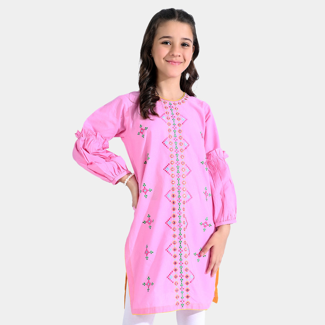 Girls Jacquard Emb Kurti Traditional-Pink