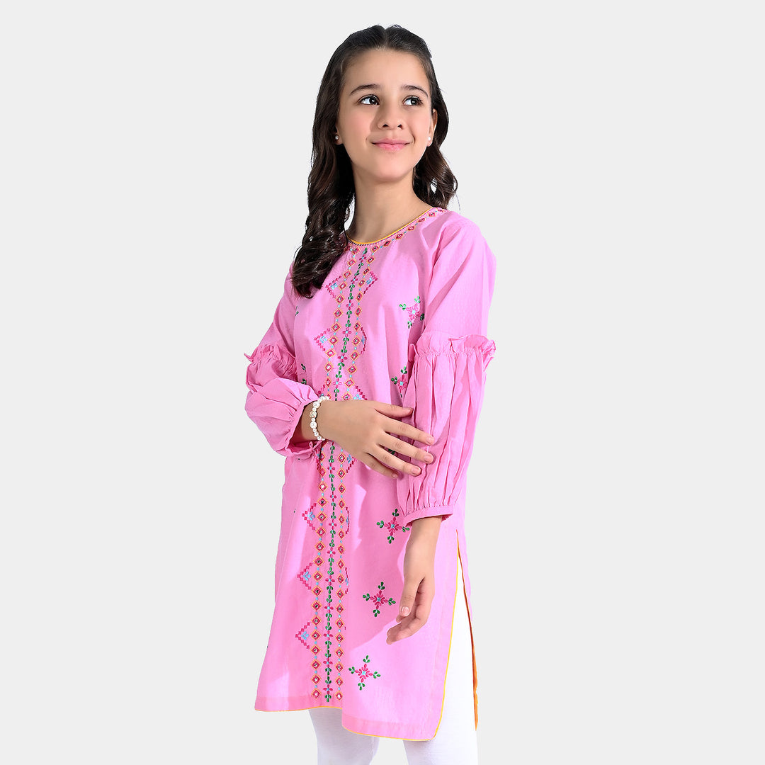 Girls Jacquard Emb Kurti Traditional-Pink