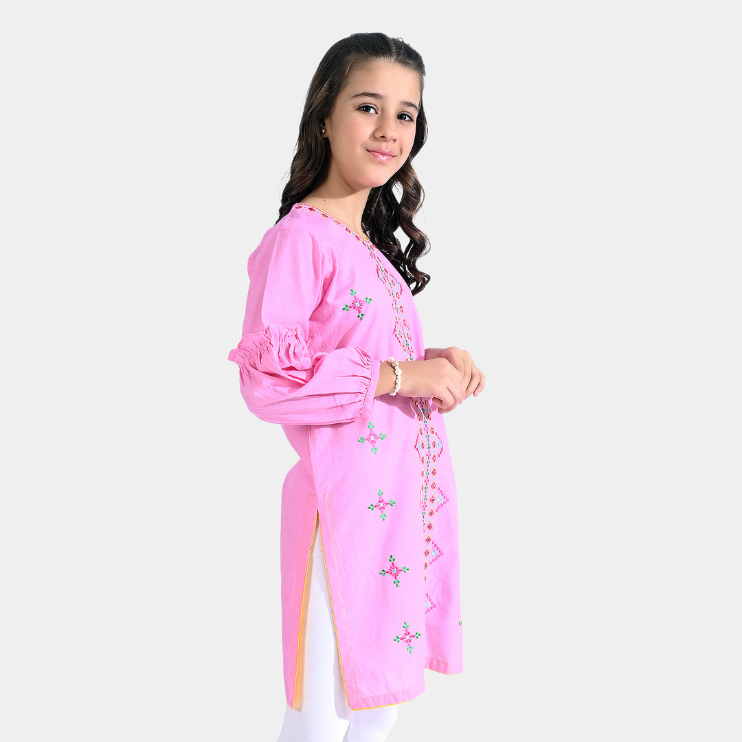 Girls Jacquard Emb Kurti Traditional-Pink