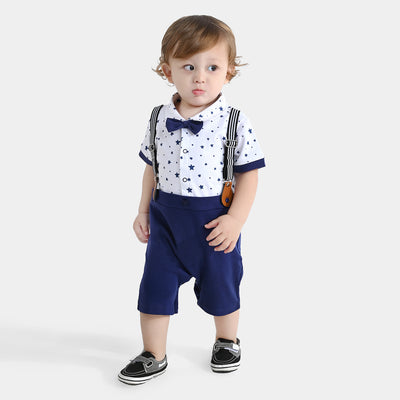 Infant Boys Cotton Knitted Romper Bow Stars-White/Navy