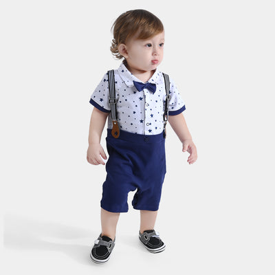 Infant Boys Cotton Knitted Romper Bow Stars-White/Navy