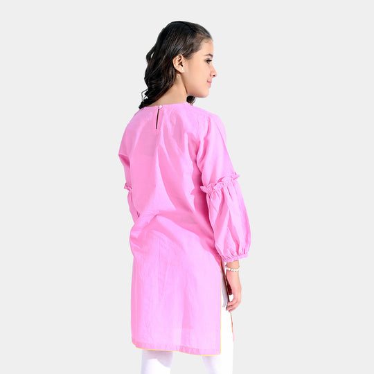 Girls Jacquard Emb Kurti Traditional-Pink