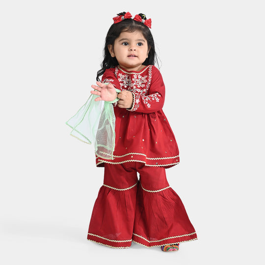 Infant Girls Raw Silk 3 PC Suit Riwayat-Red