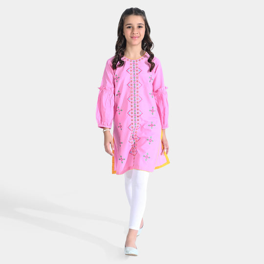 Girls Jacquard Emb Kurti Traditional-Pink