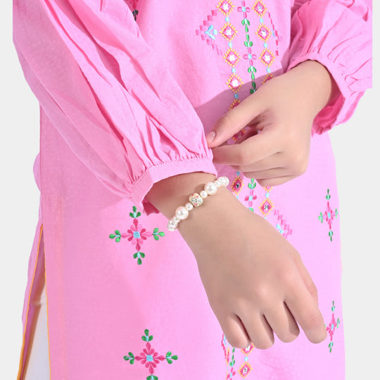 Girls Jacquard Emb Kurti Traditional-Pink