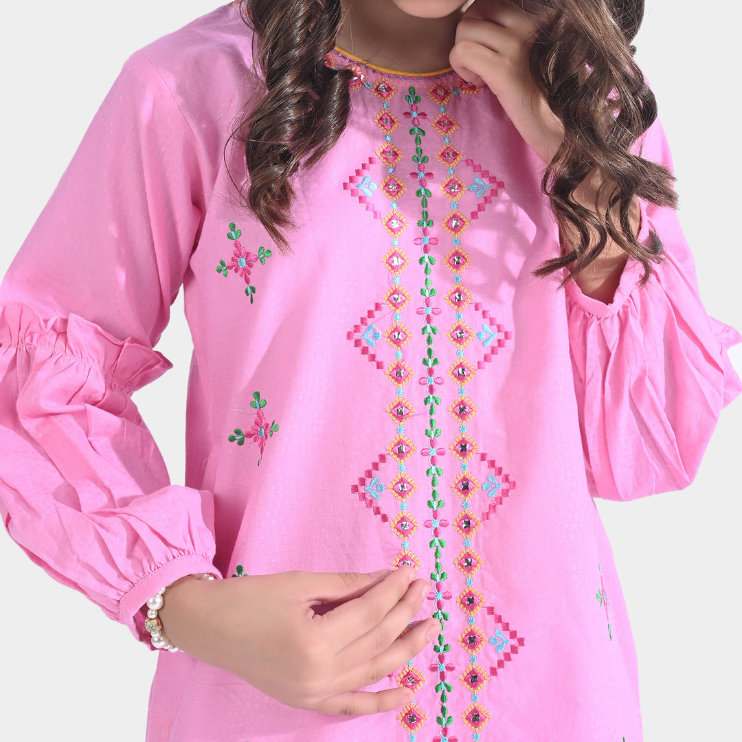 Girls Jacquard Emb Kurti Traditional-Pink