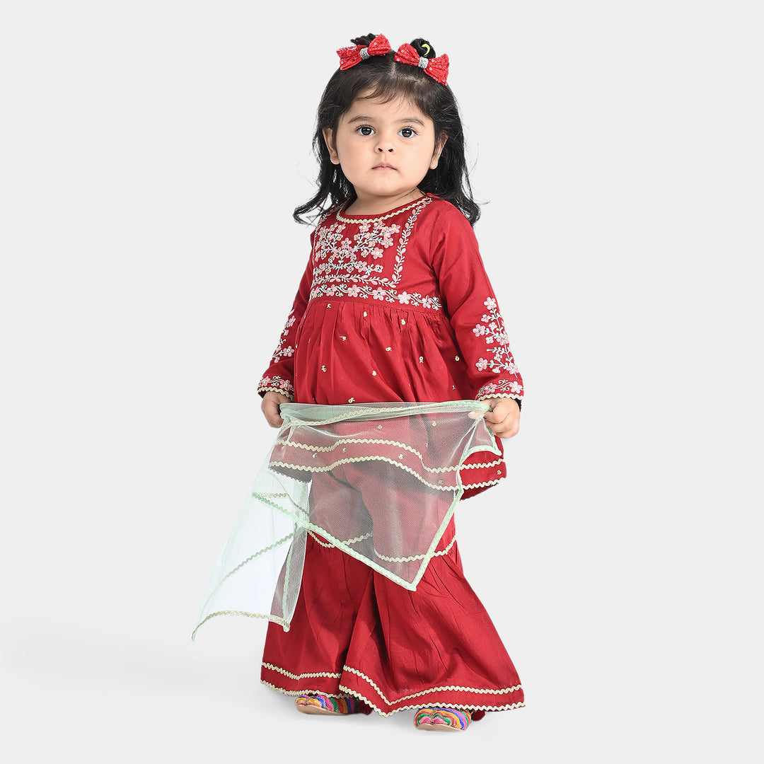 Infant Girls Raw Silk 3 PC Suit Riwayat-Red