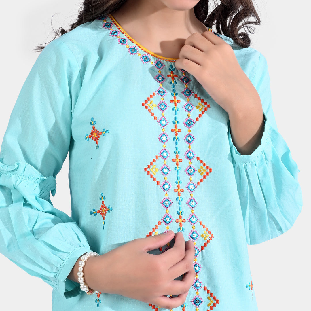 Girls Jacquard EMB. Kurti Traditional-Aqua Green