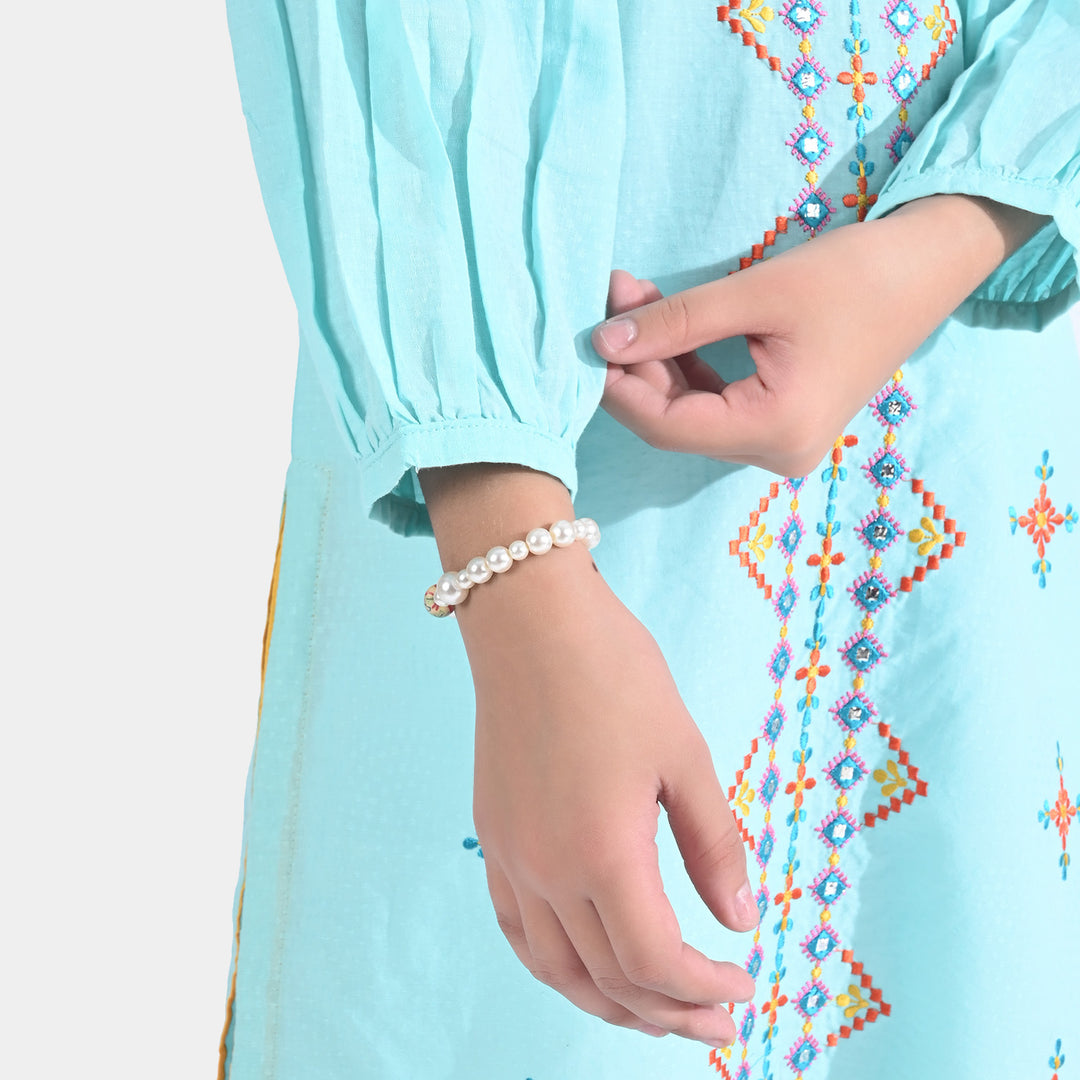 Girls Jacquard EMB. Kurti Traditional-Aqua Green