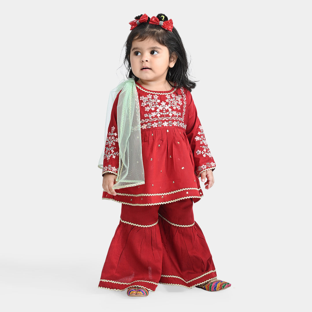 Infant Girls Raw Silk 3 PC Suit Riwayat-Red