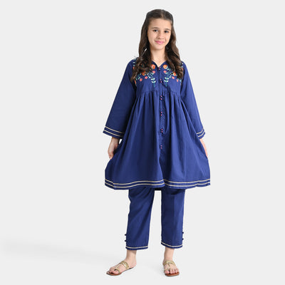 Girls Cotton Poplin 2 Pcs Suit EMB Cocktail-Navy Blue