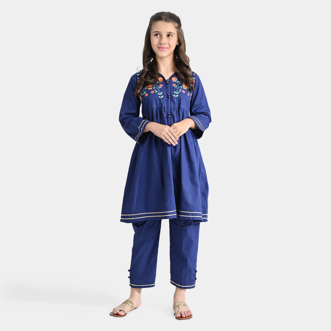 Girls Cotton Poplin 2 Pcs Suit EMB Cocktail-Navy Blue