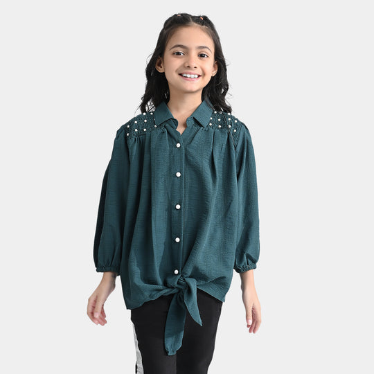 Girls Poly Cotton Emb Top Smoking & Pearls-Green