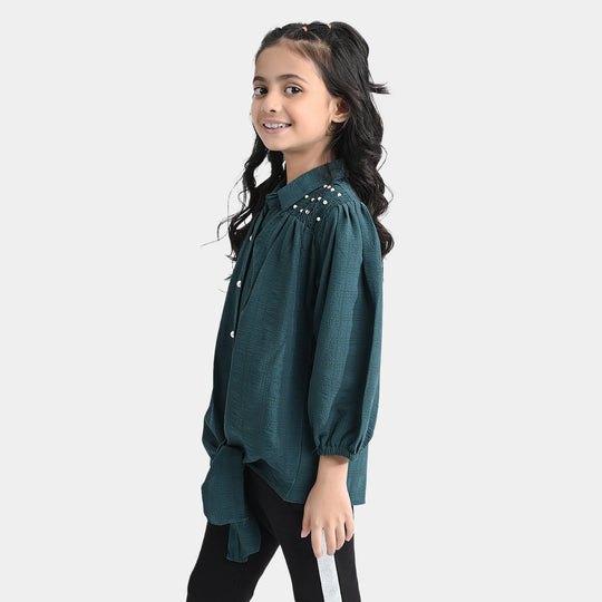 Girls Poly Cotton Emb Top Smoking & Pearls-Green