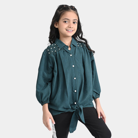 Girls Poly Cotton Emb Top Smoking & Pearls-Green