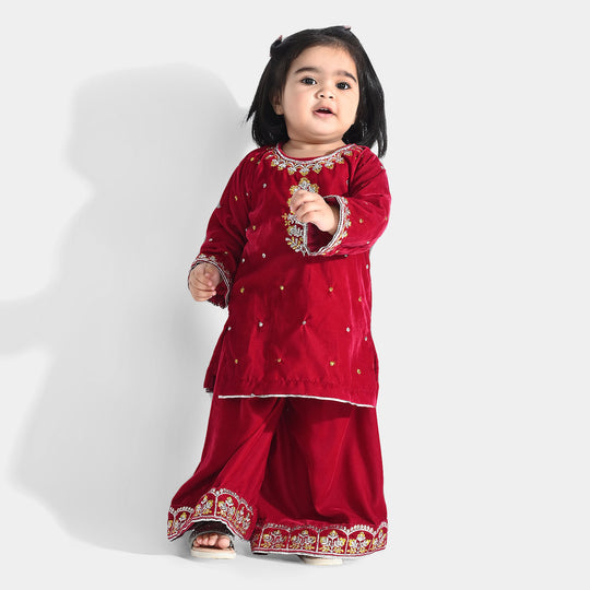 Infant Girls Velvet Fancy Suit Glitter-Magenta