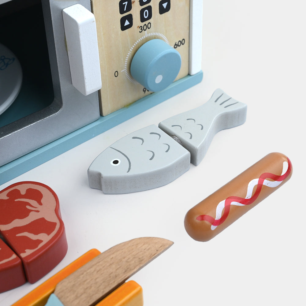 Wooden Kitchen Microwave Oven & Food Playset