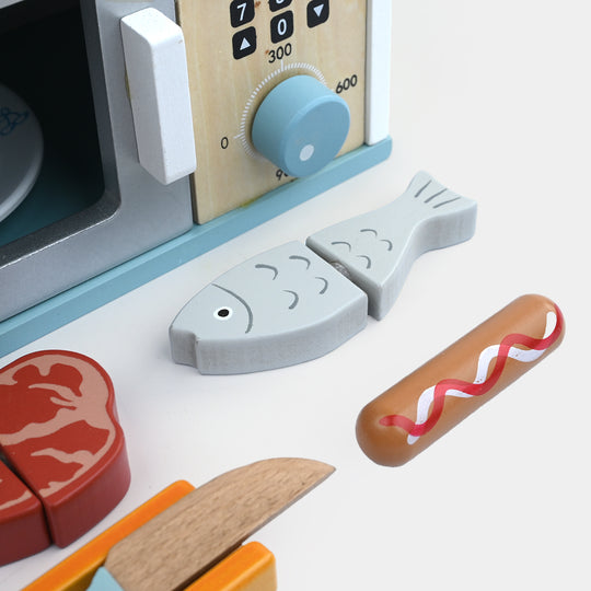 Wooden Kitchen Microwave Oven & Food Playset