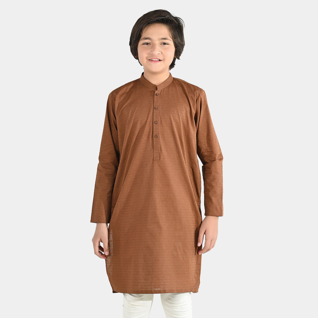 Boys Cotton Jacquard Basic Kurta - Cambridge Brown