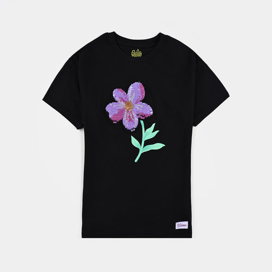 Girls Cotton Jersey T-Shirt BLOOM WITH GRACE-Jet Black