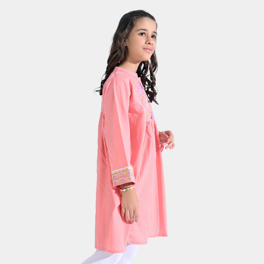 Girls Jacquard Emb Kurti Flora-Peach