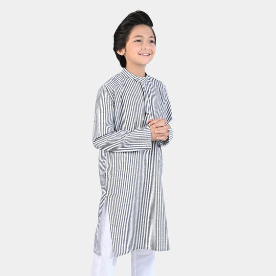 Boys Yarn Dyed Printed Kurta (Metal Loop)-G.Stripe