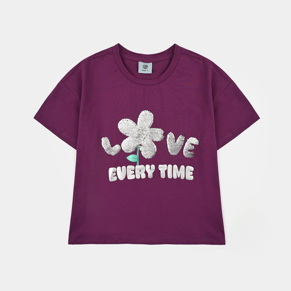 Girls Lycra Jersey T-Shirt Love-Purple
