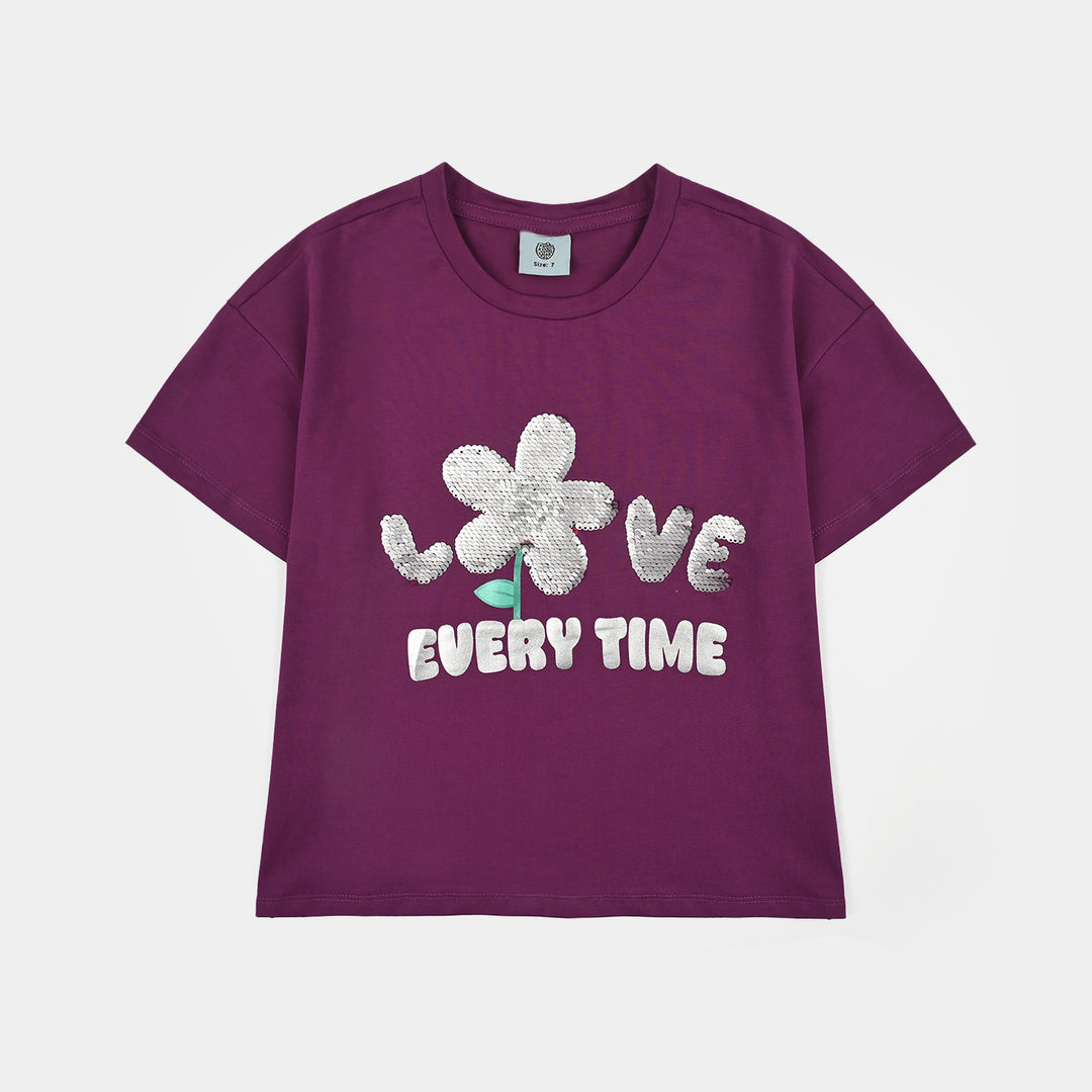 Girls Lycra Jersey T-Shirt Love-Purple
