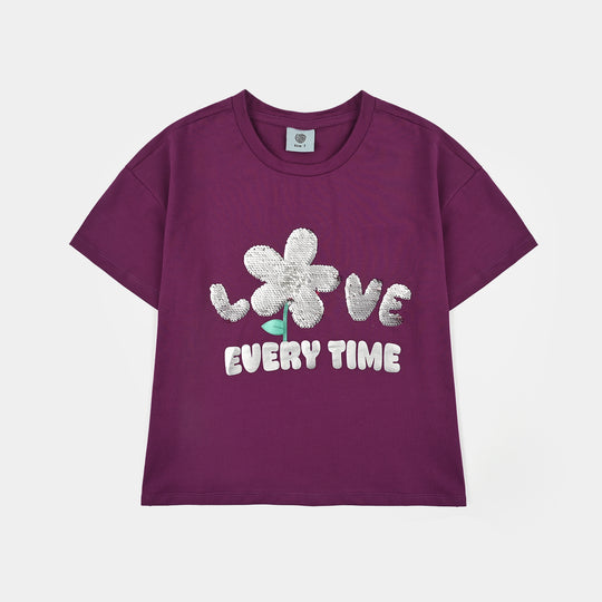 Girls Lycra Jersey T-Shirt Love-Purple