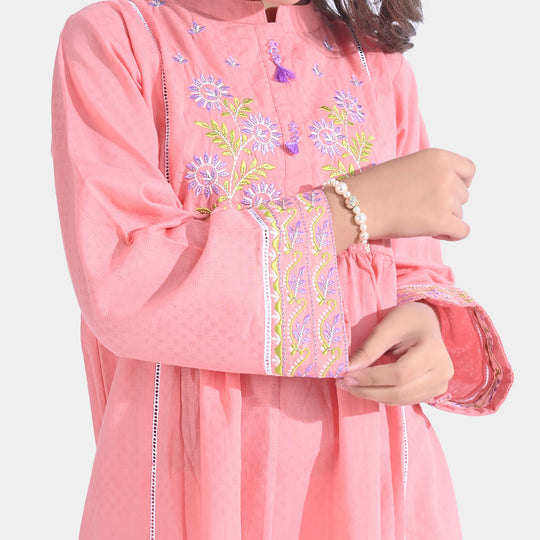 Girls Jacquard Emb Kurti Flora-Peach