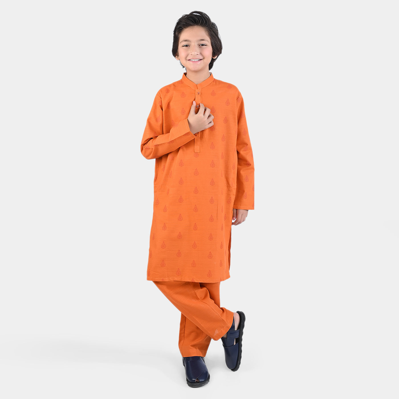 Boys Cotton Slub Shalwar Suit (DAMASK)-B.Orange