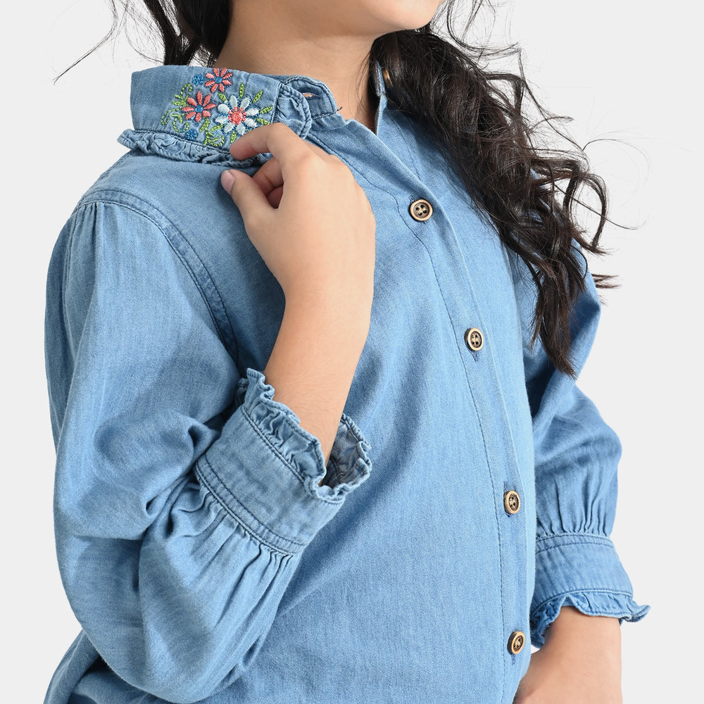 Girls Tensile Denim Emb Top Collar -Blue