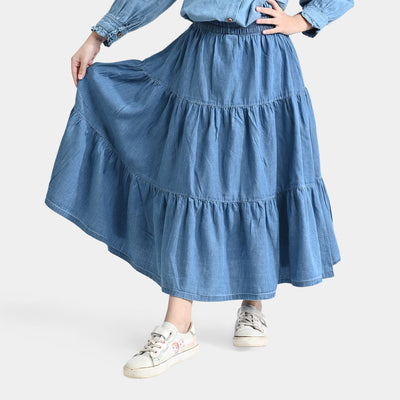 Girls Tensile (Light Denim) Long Skirt-Mid Blue