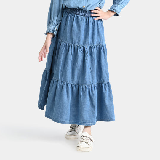 Girls Tensile (Light Denim) Long Skirt-Mid Blue