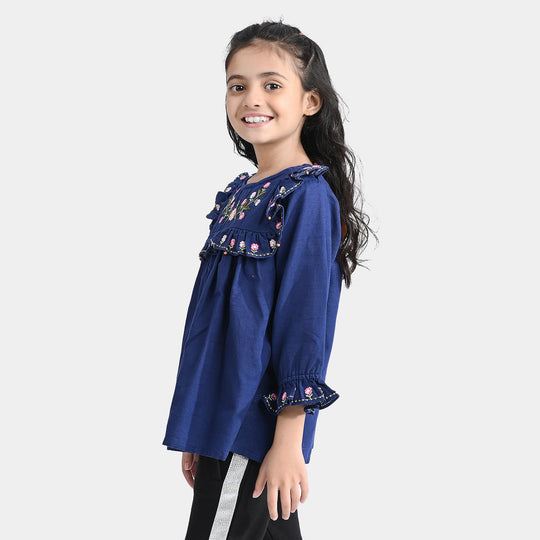 Girls Cotton Slub Emb Top-Navy Blue