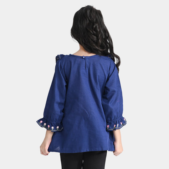 Girls Cotton Slub Emb Top-Navy Blue