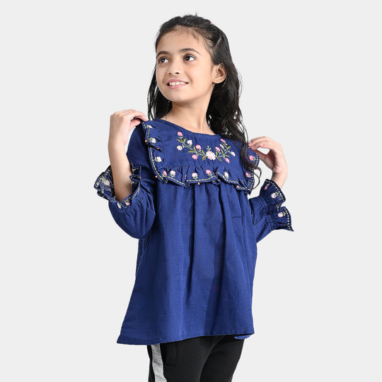 Girls Cotton Slub Emb Top-Navy Blue