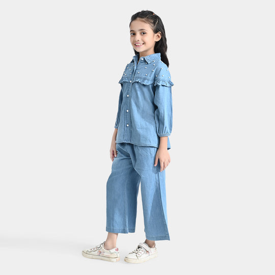 Girls Tensile Denim (Light Denim) Co-ord Set pearls-Blue