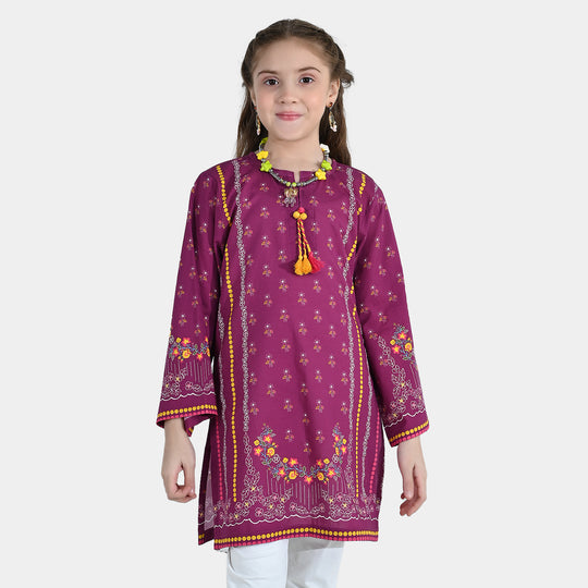 Girls Cotton Poplin Printed Kurti - Purple/Plum