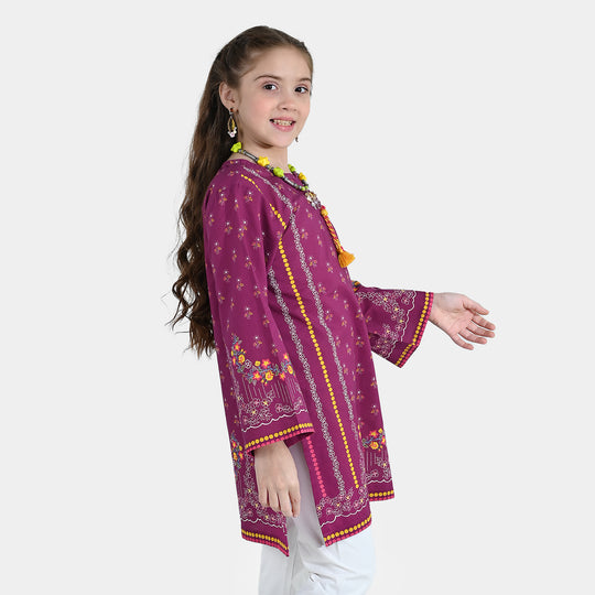 Girls Cotton Poplin Printed Kurti - Purple/Plum